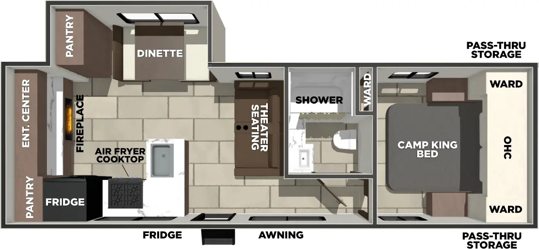 The Tracer 248RE floorplan has one entry and one slide out. Exterior features include: fiberglass exterior. Interiors features include: rear kitchen and front bedroom.